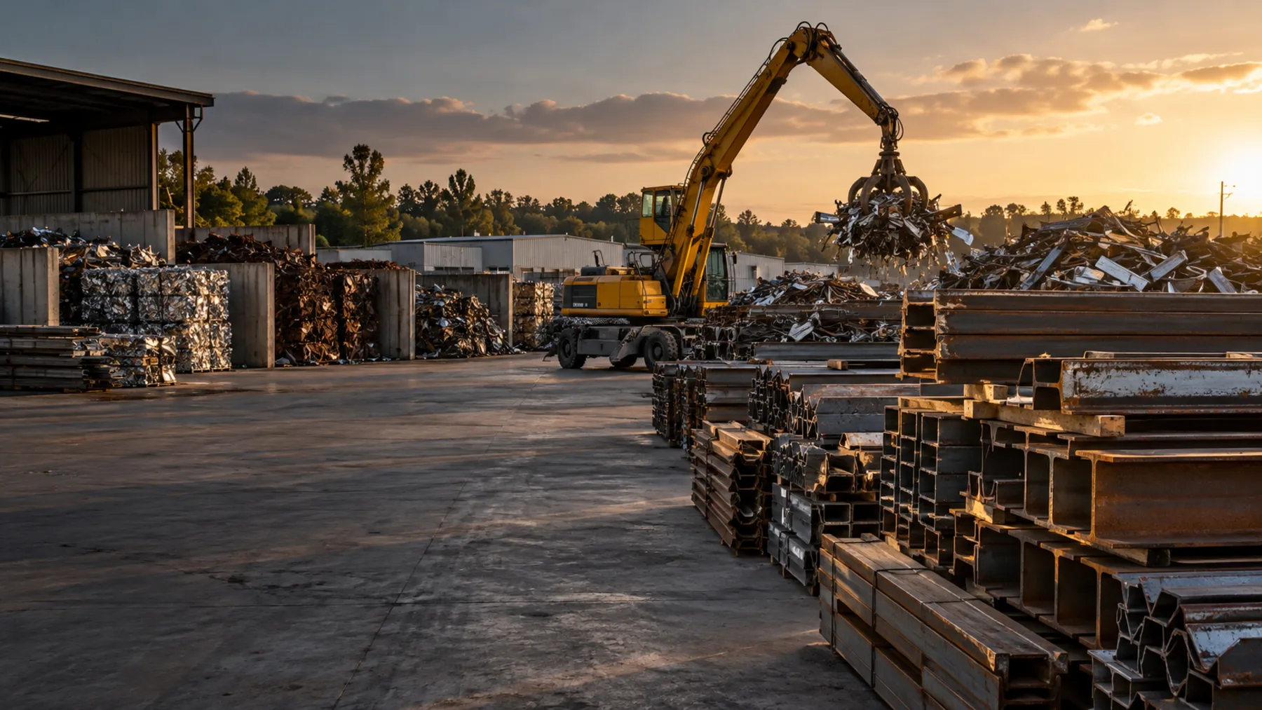 Parque de sucata com metais organizados e máquina industrial